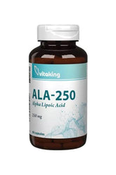 Vitaking ALA-250 Alpha Lipoic Acid supplement bottle, 250 mg, 60 caplets for health benefits.